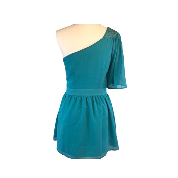 Umgee One Shoulder Chiffon Lined Dress Studded Accent Turquoise Size Small NWT - Picture 2 of 9